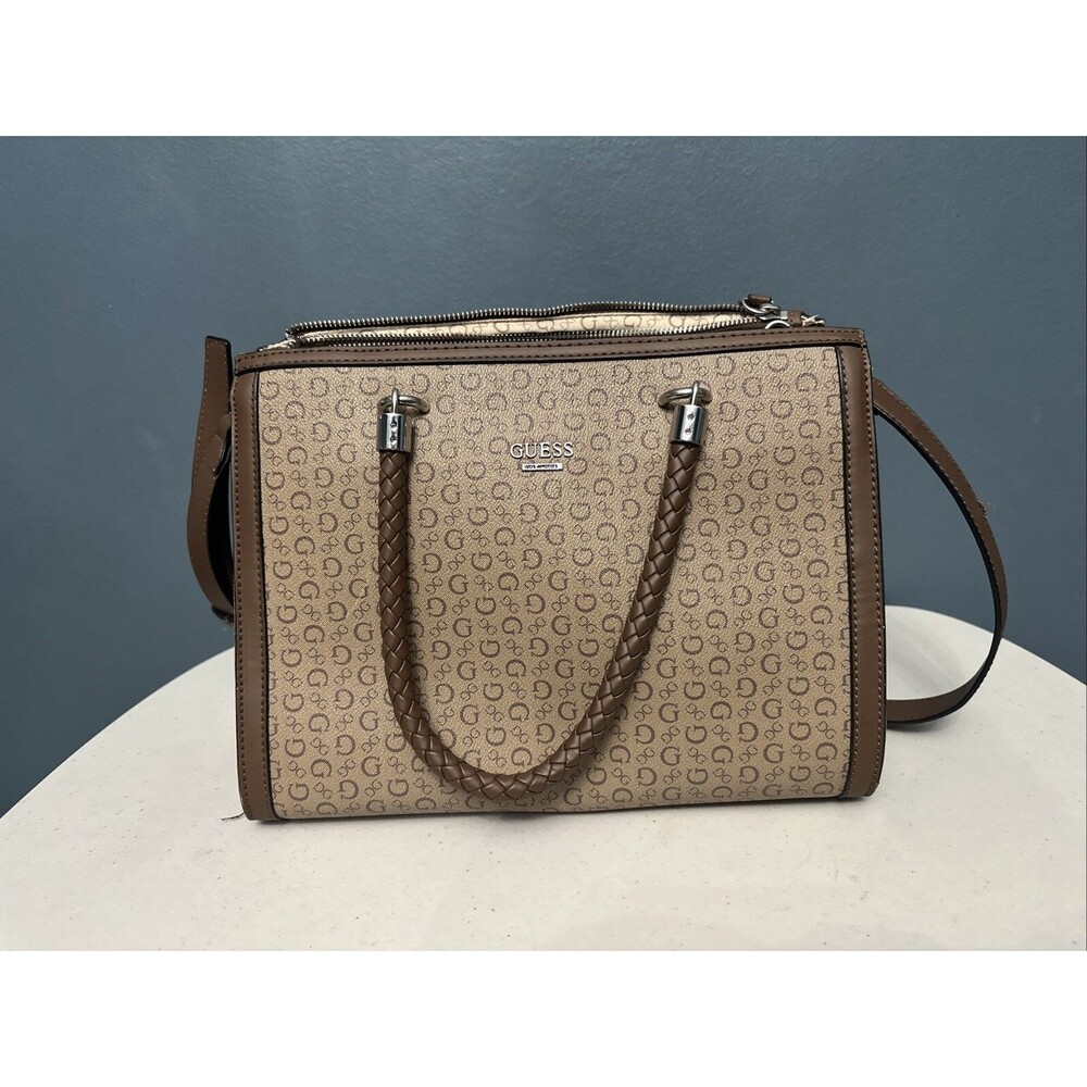 Guess Handbag Purse Satchel Brown 1981 Rope Handle Design Full Zipper